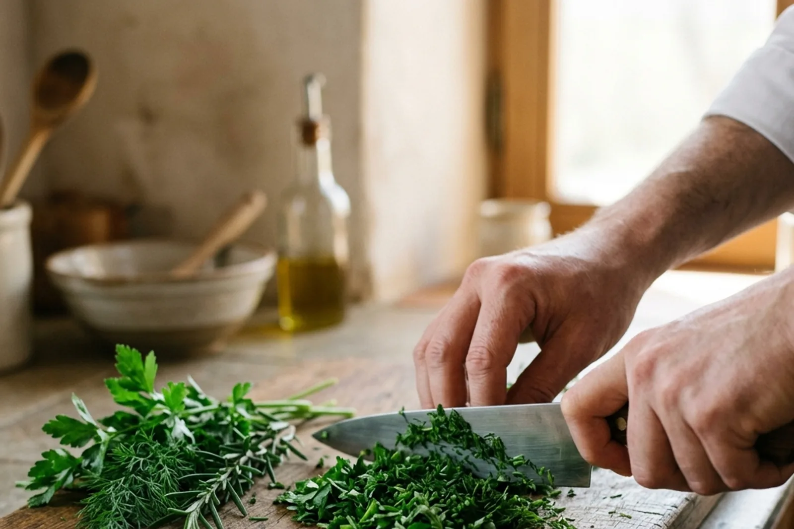 A wooden board with freshly chopped green herbs and a kitchen knife in warm window light.