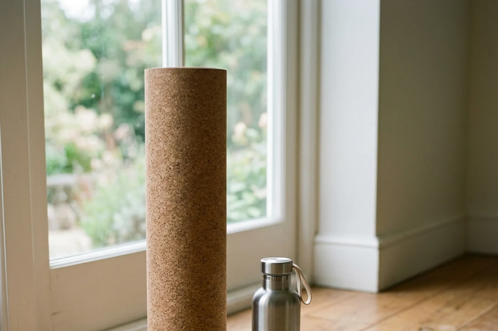 A rolled exercise mat beside a steel water bottle and a folded towel on a wooden floor near a window.