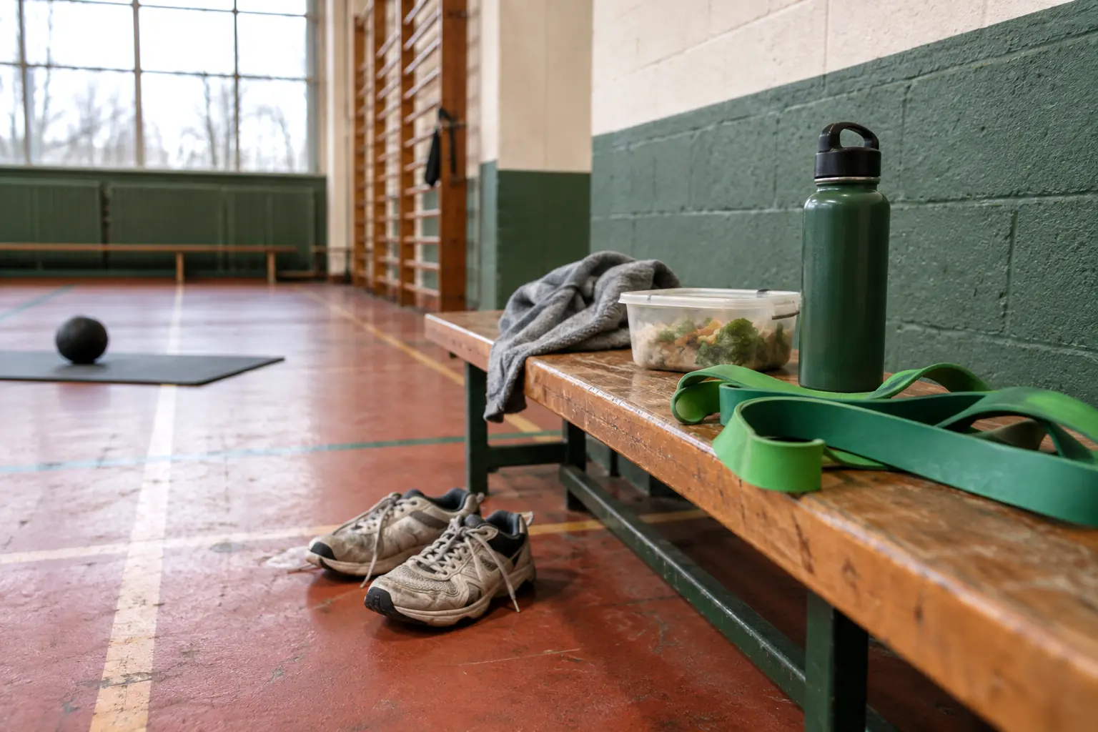 A worn community sports hall with green resistance bands, shoes, water bottle, and lunch container
